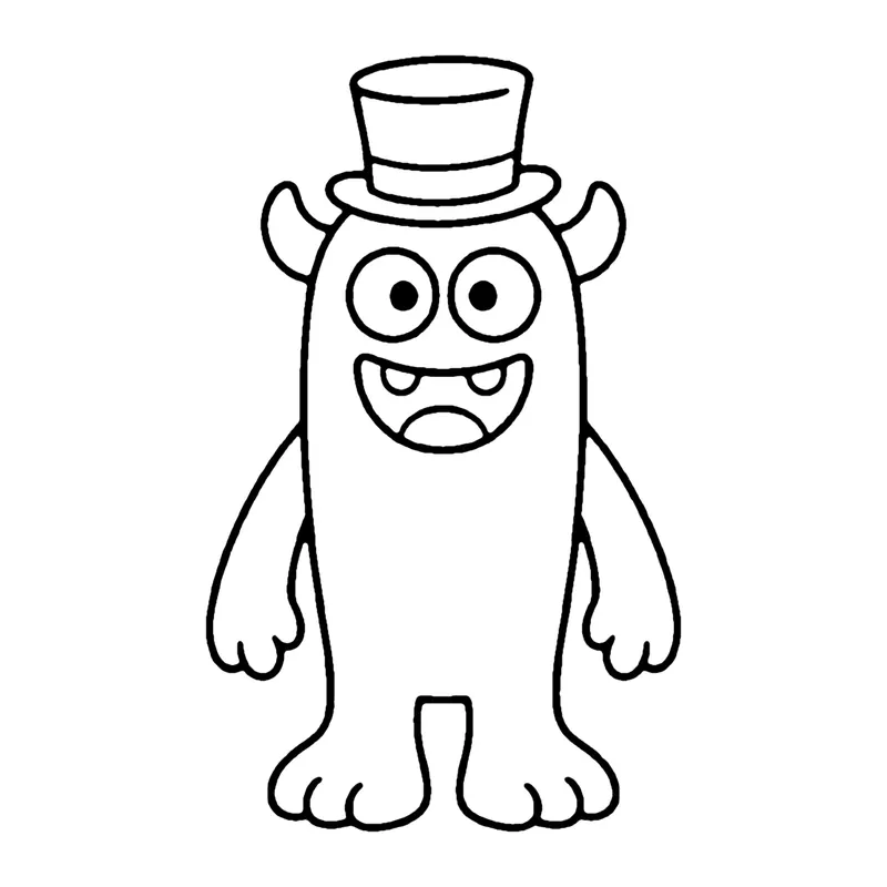 Line drawing of a tall, narrow monster with horns wearing a small black top hat
