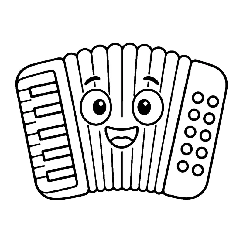Line drawing of a smiling accordion with piano keys on one side, buttons on the other and folded bellows