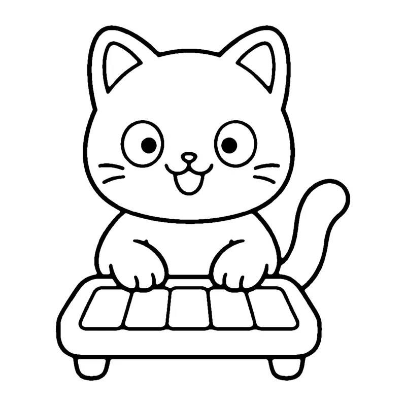 Line drawing of a smiling cat sitting behind a small toy keyboard with its paws on the keys
