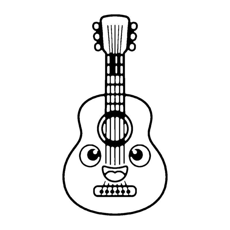 Line drawing of a smiling acoustic guitar with a round sound hole, strings and tuning pegs