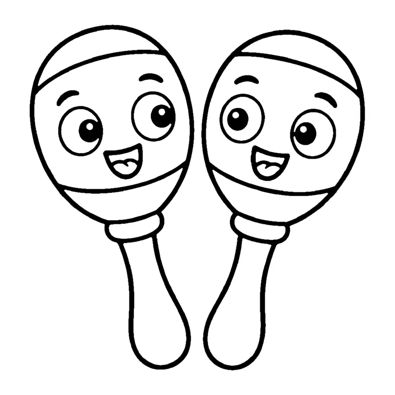 Line drawing of a pair of smiling maracas with round tops and long handles
