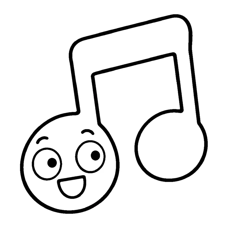 Line drawing of two joined music notes, one with a smiling face