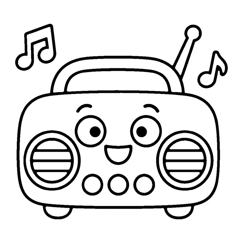 Line drawing of a smiling portable radio with an antenna, speakers and buttons, with music notes