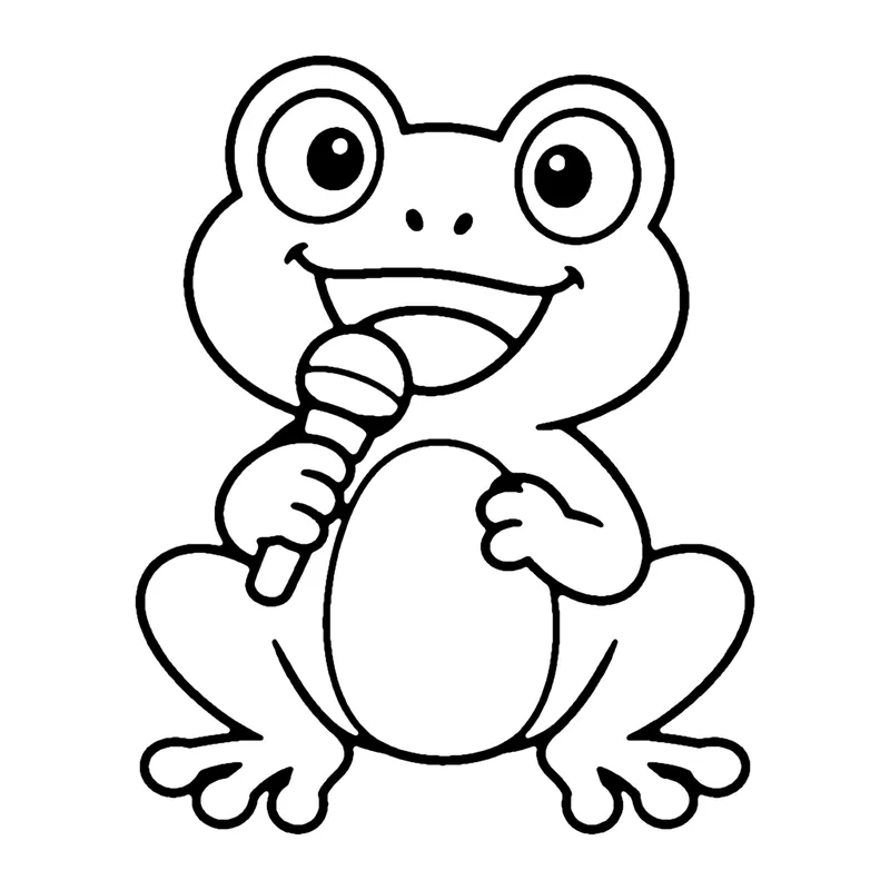 Line drawing of a frog sitting up and singing into a microphone with its mouth wide open