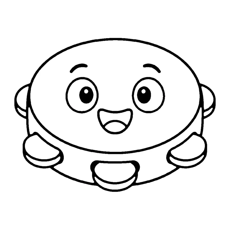 Line drawing of a smiling round tambourine with small metal jingles around the rim