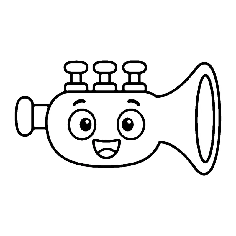 Line drawing of a smiling trumpet with three valves on top and a wide bell