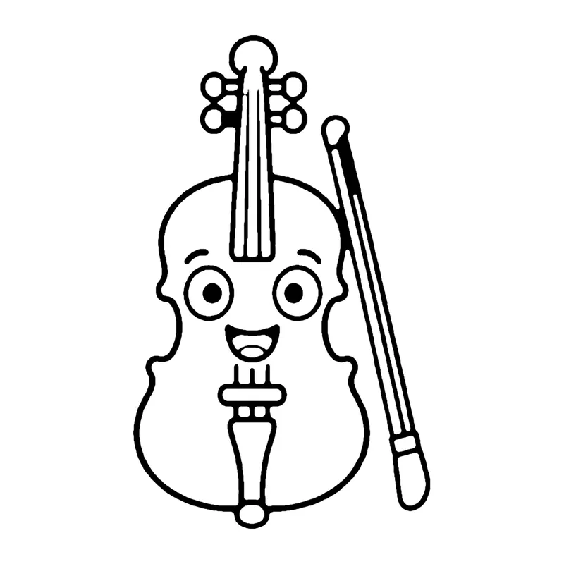 Line drawing of a smiling violin with four strings, a scroll at the top and a bow beside it