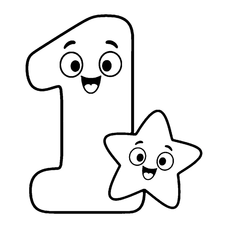 Line drawing of a smiling number 1 with one happy star beside it