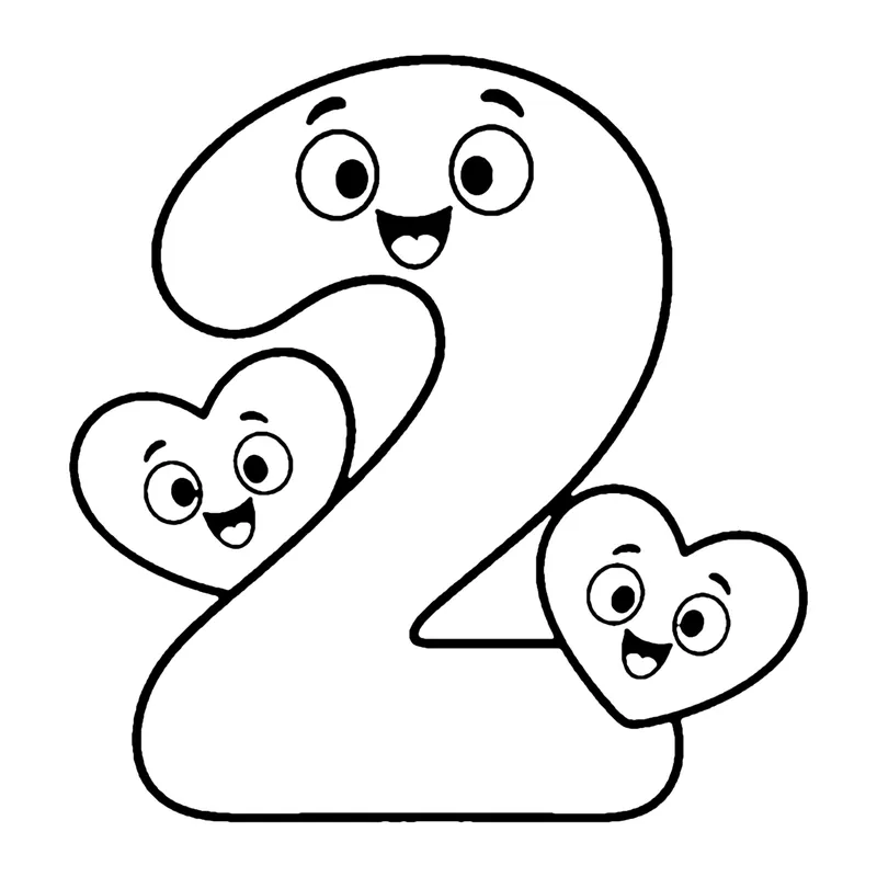 Line drawing of a smiling number 2 with two smiling hearts on either side