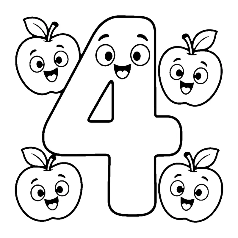 Line drawing of a smiling number 4 surrounded by four smiling apples with leaves