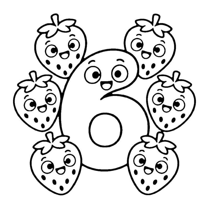 Line drawing of a smiling number 6 surrounded by six smiling strawberries