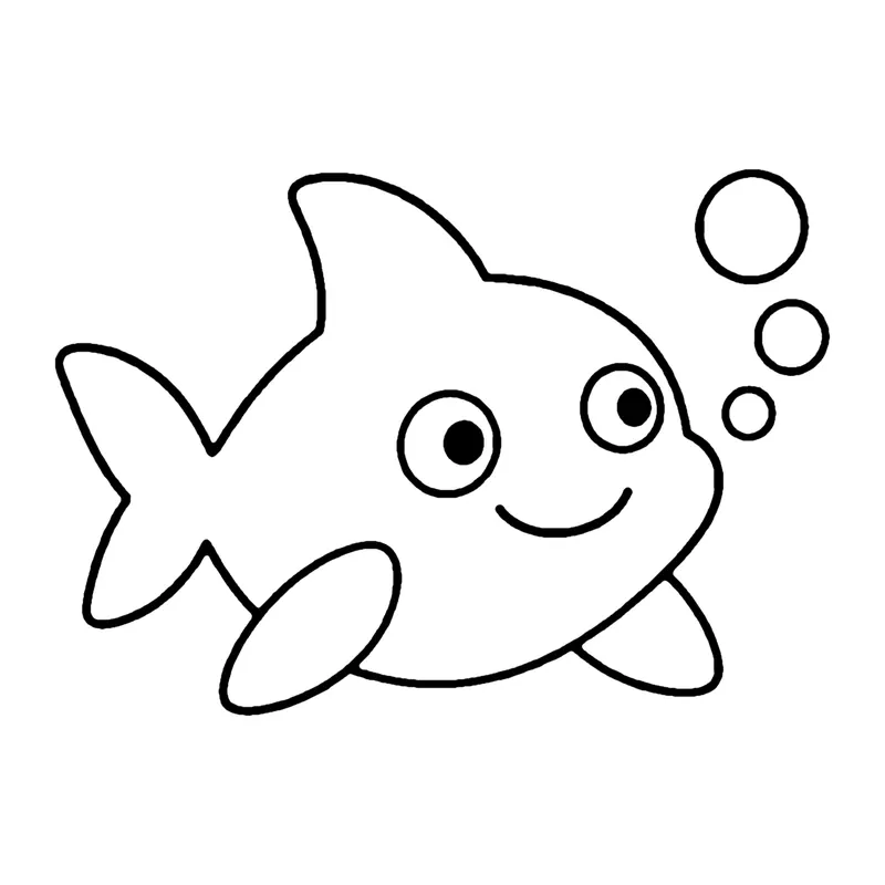 Line drawing of a small smiling shark swimming with three bubbles rising in front of it