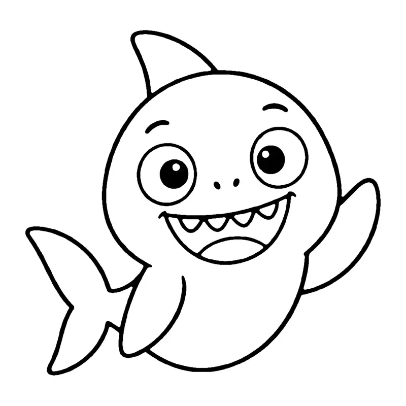 Line drawing of a cartoon shark with a big toothy grin waving one fin