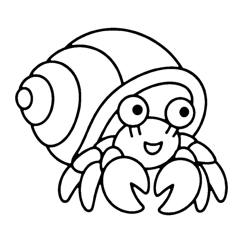 Line drawing of a hermit crab peeking out of a large spiral shell with its claws in front
