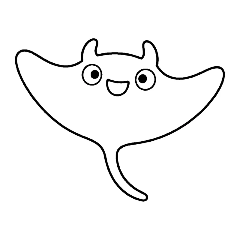 Line drawing of a smiling manta ray with wide wing-like fins and a long thin tail