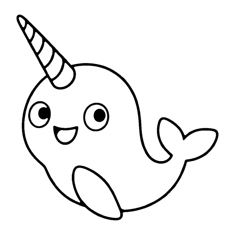 Line drawing of a smiling narwhal with a long spiral tusk on its head and a flipping tail