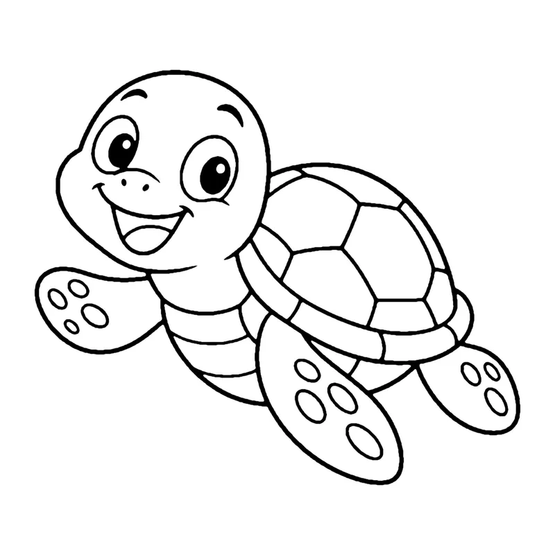 Line drawing of a smiling sea turtle with a patterned shell and spotted flippers