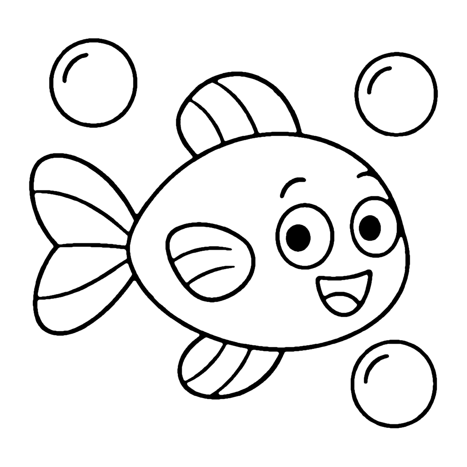 Line drawing of a round, smiling fish with striped fins swimming between floating bubbles