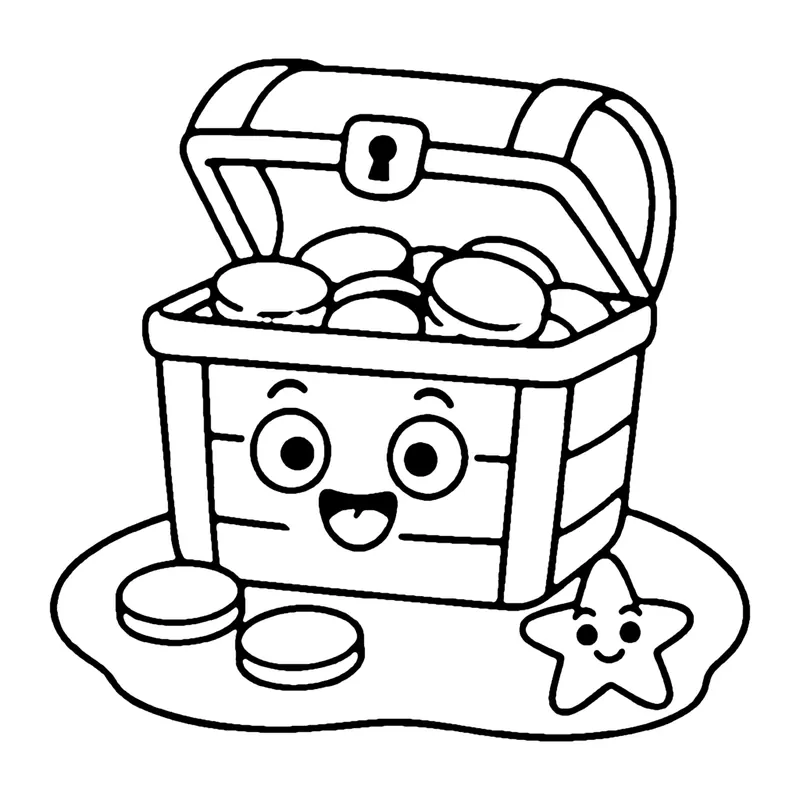 Line drawing of a smiling treasure chest full of coins on the sea floor with a small starfish beside it