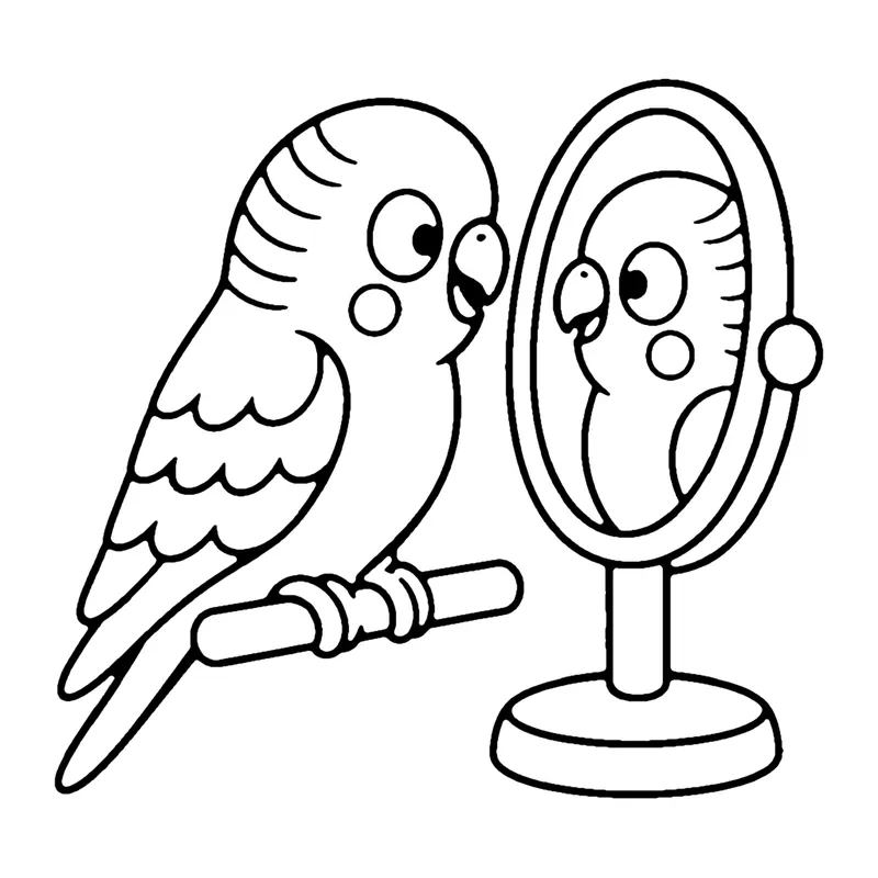 Line drawing of a budgie on a perch looking at its own reflection in a small mirror