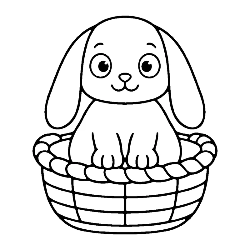 Line drawing of a floppy-eared bunny sitting in a woven basket