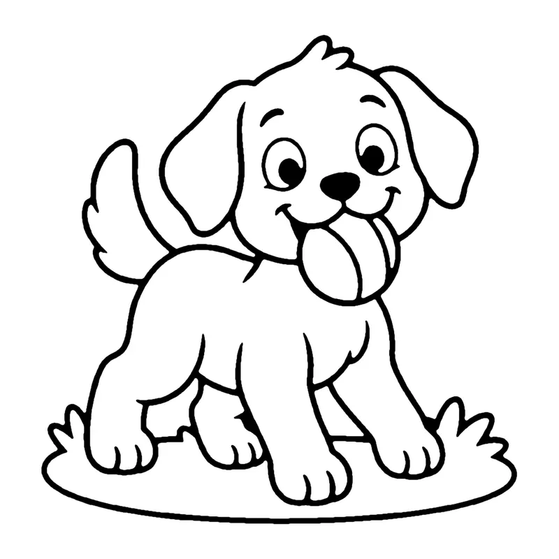 Line drawing of a happy puppy standing on grass holding a ball in its mouth