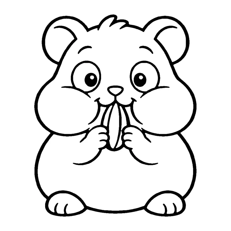 Line drawing of a chubby hamster with full cheeks holding a seed in its paws