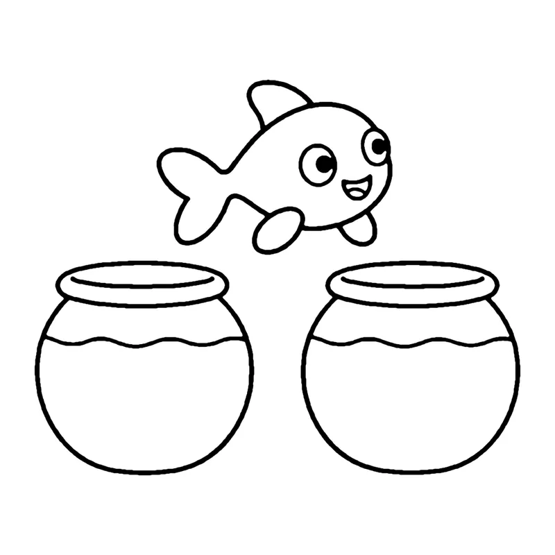 Line drawing of a goldfish leaping through the air between two round fishbowls