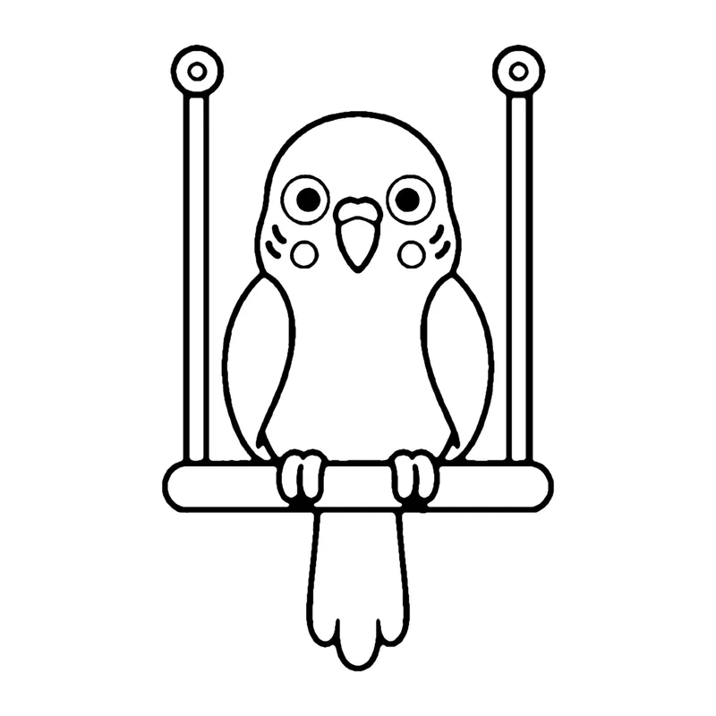 Line drawing of a parakeet perched on a hanging bird swing