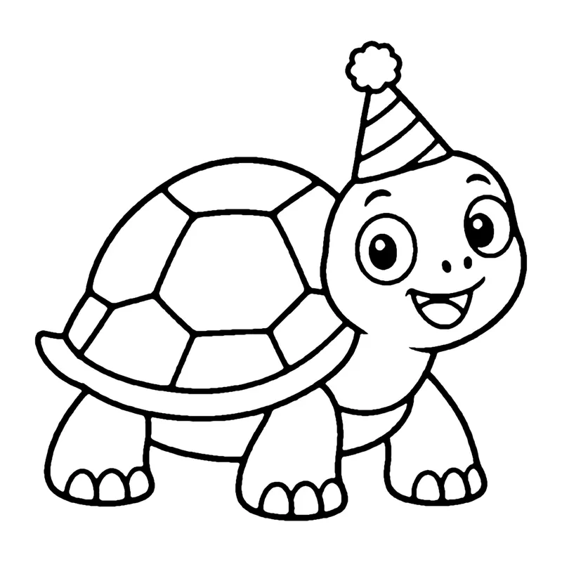 Line drawing of a smiling tortoise wearing a party hat, with a patterned shell