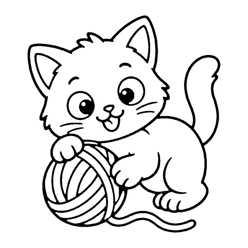 Line drawing of a fluffy kitten pouncing on a ball of yarn with a loose strand