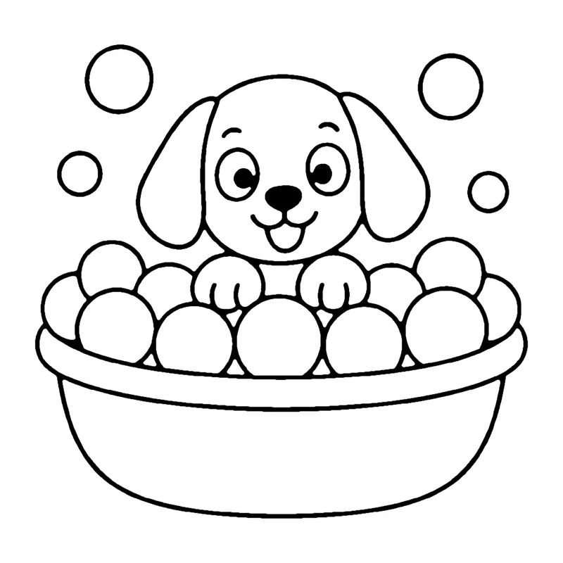 Line drawing of a puppy sitting in a tub full of round soap bubbles