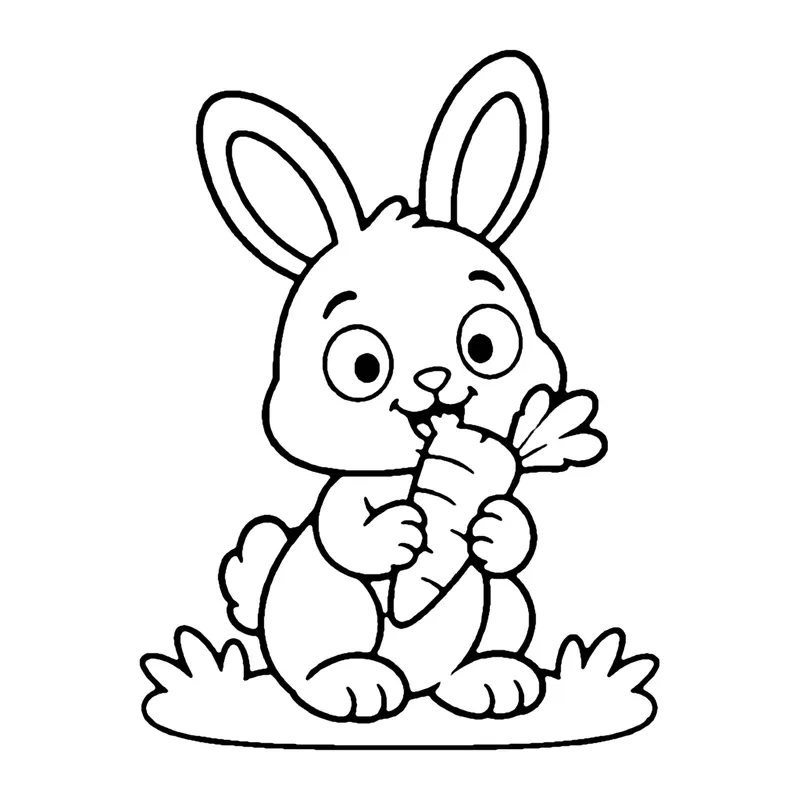 Line drawing of a rabbit with tall ears sitting in the grass, nibbling a carrot