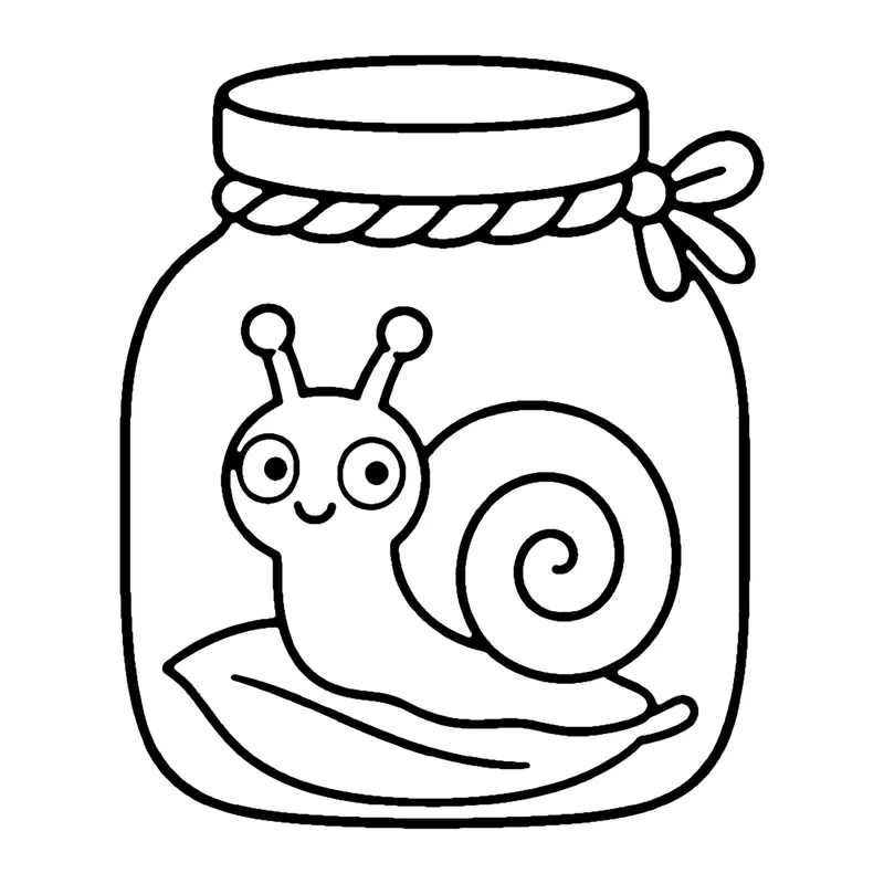 Line drawing of a smiling snail with a spiral shell resting on a leaf inside a glass jar