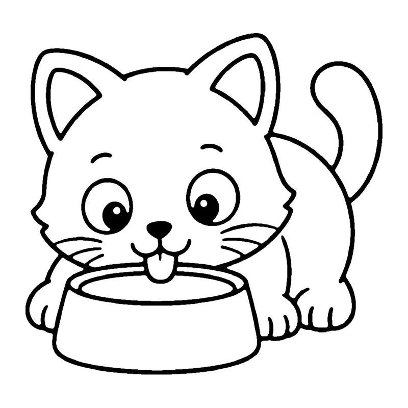 Line drawing of a kitten lapping from a round bowl with its tongue out