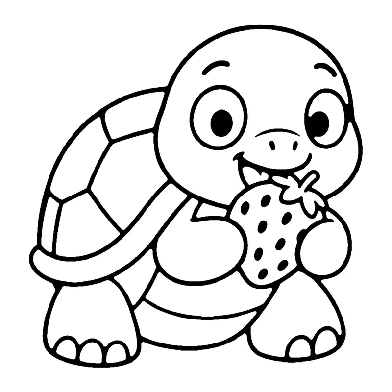 Line drawing of a smiling turtle holding a big strawberry in its mouth