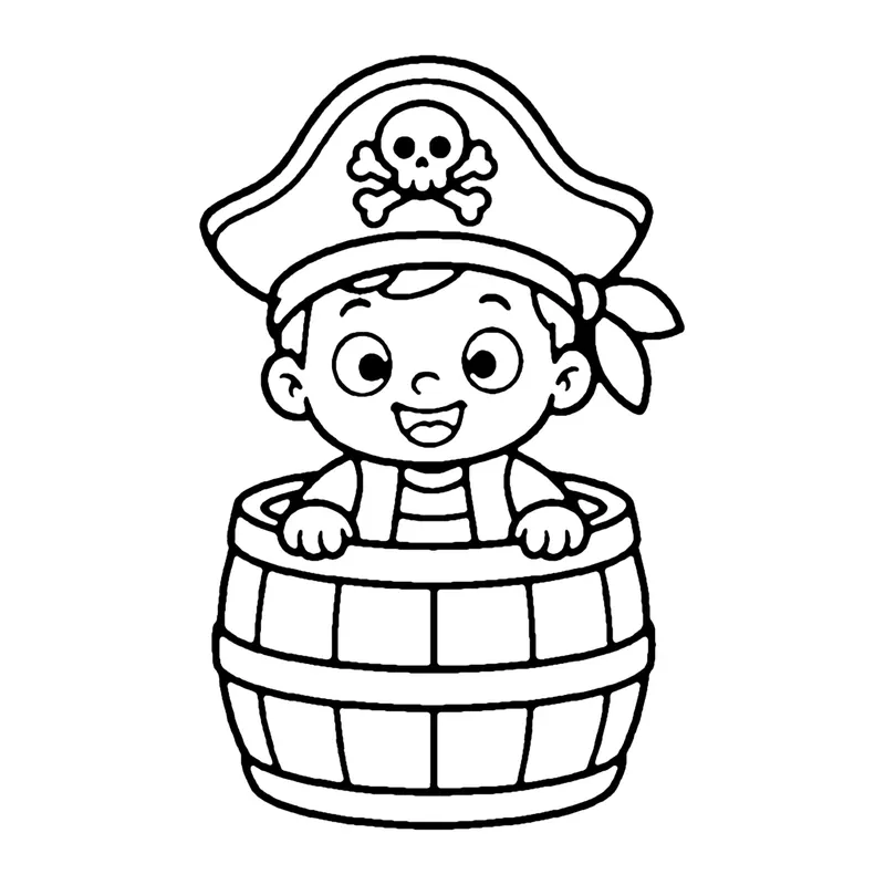 Line drawing of a baby pirate in a big hat peeking out of a wooden barrel