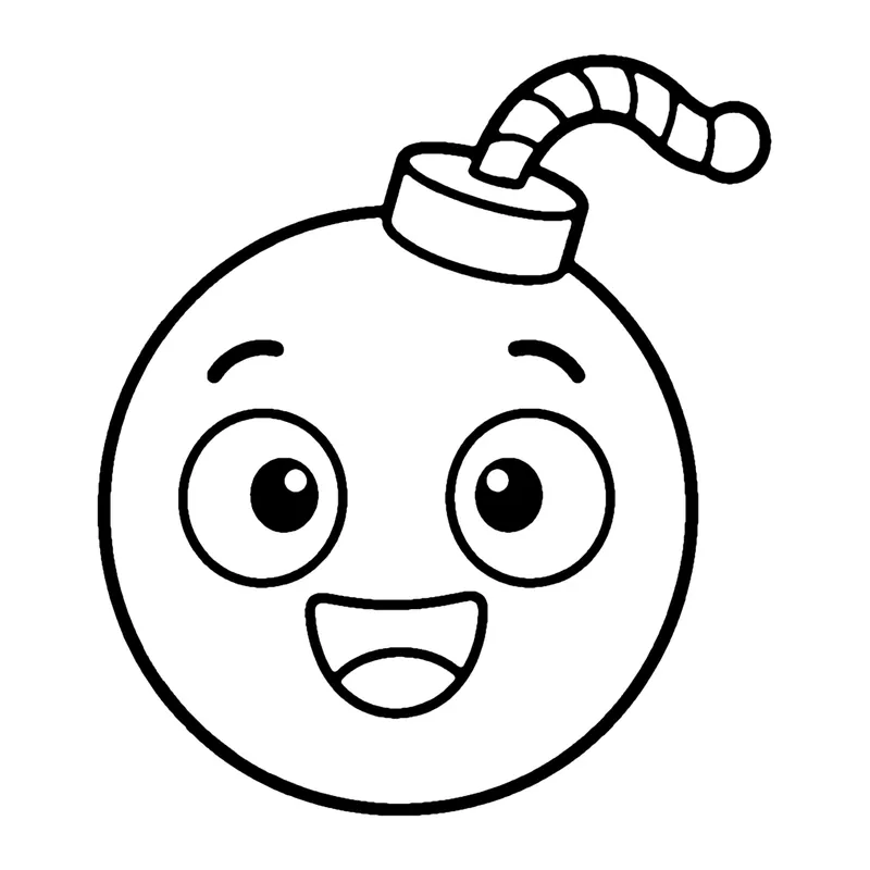 Line drawing of a big round smiling cannonball with a curly fuse on top