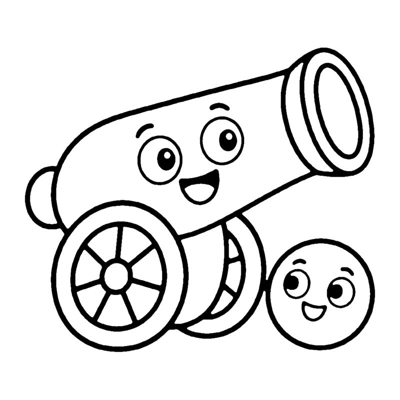 Line drawing of a smiling cannon on a wheeled wooden carriage with a smiling cannonball beside it