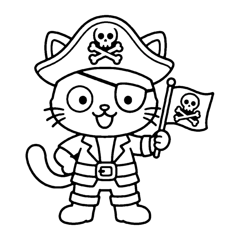 Line drawing of a cat in a pirate hat and eye patch holding a small pirate flag