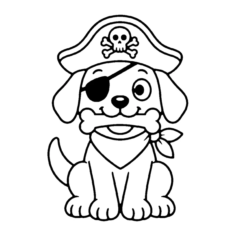 Line drawing of a sitting puppy in a pirate hat and eye patch with a bone and a neckerchief
