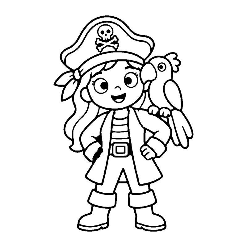 Line drawing of a pirate girl in a hat and long coat with a parrot on her shoulder