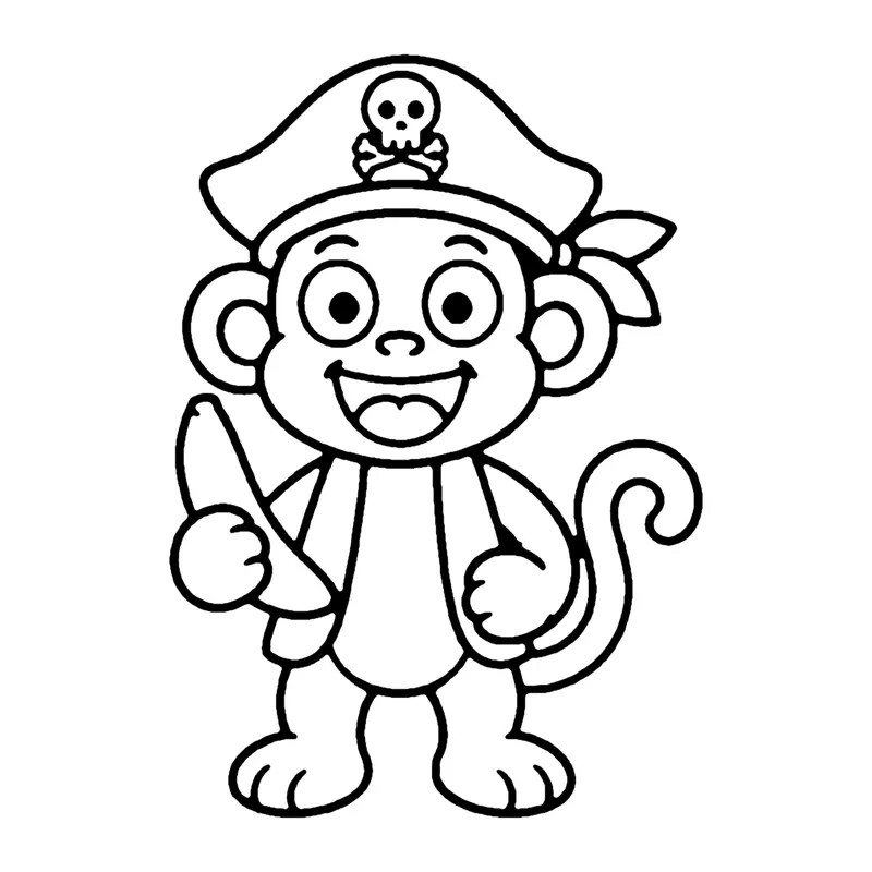 Line drawing of a monkey dressed as a pirate in a hat and vest holding a toy sword