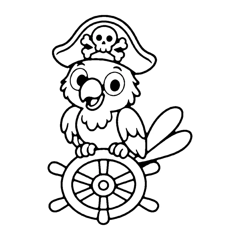 Line drawing of a parrot in a pirate hat perched on top of a ship's wheel