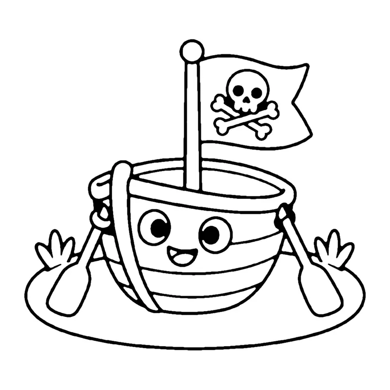 Line drawing of a smiling wooden rowboat with two oars and a small pirate flag