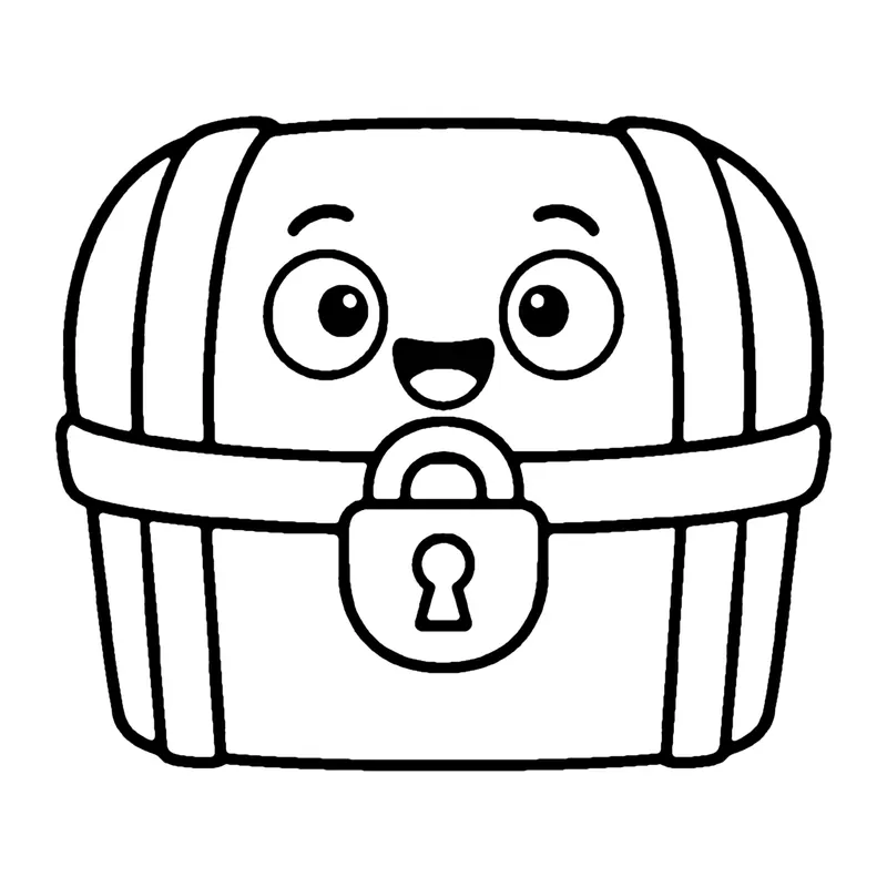 Line drawing of a smiling closed treasure chest with metal bands and a keyhole lock