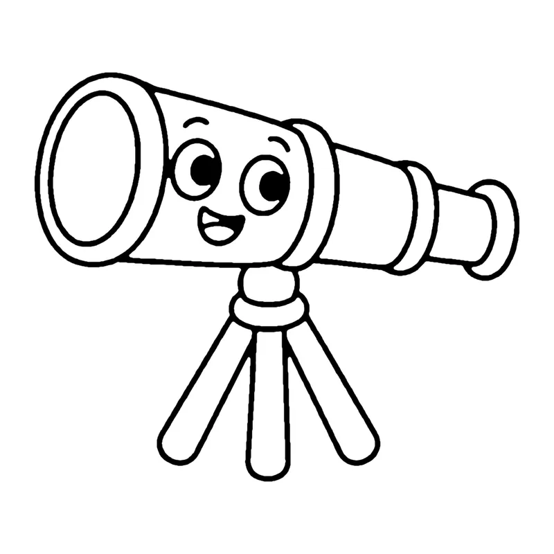 Line drawing of a smiling brass spyglass telescope standing on a three-legged stand