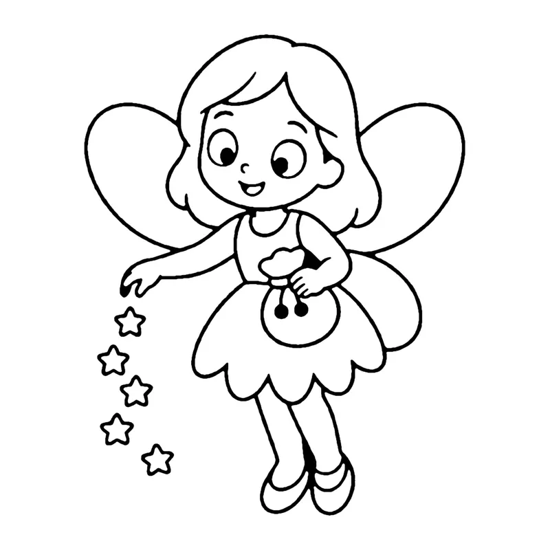 Line drawing of a fairy with wings sprinkling a trail of little stars from a small pouch