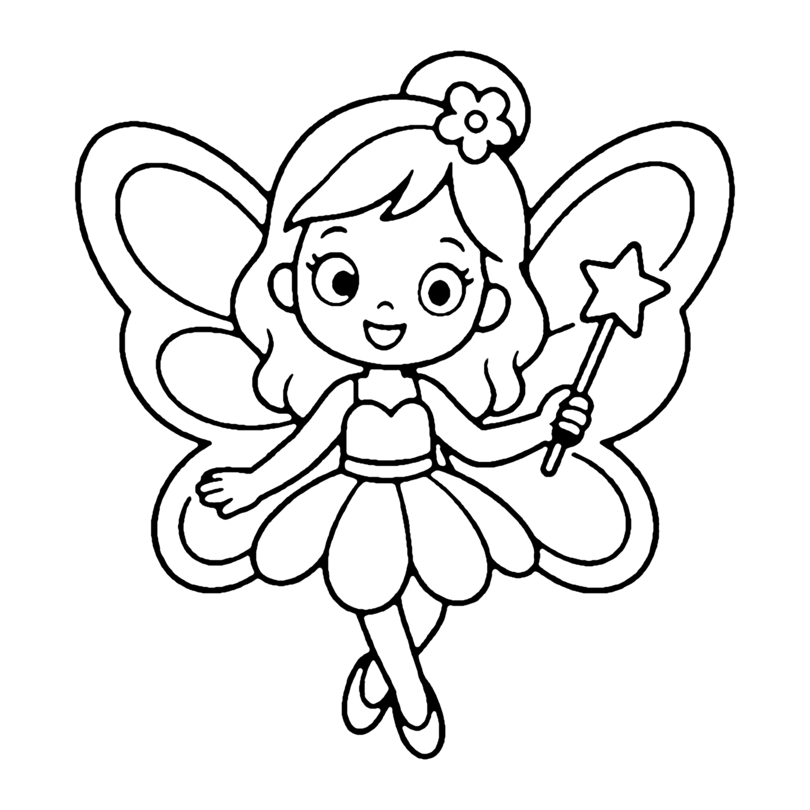 Line drawing of a smiling fairy with butterfly wings, a petal dress and a star wand, a flower in her hair