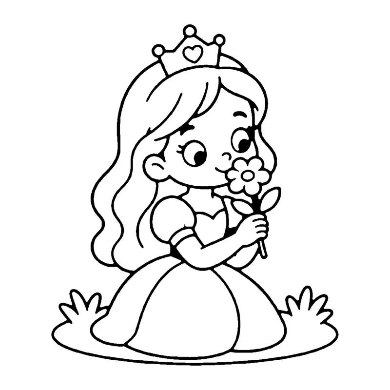 Line drawing of a princess kneeling in the grass smelling a flower she holds